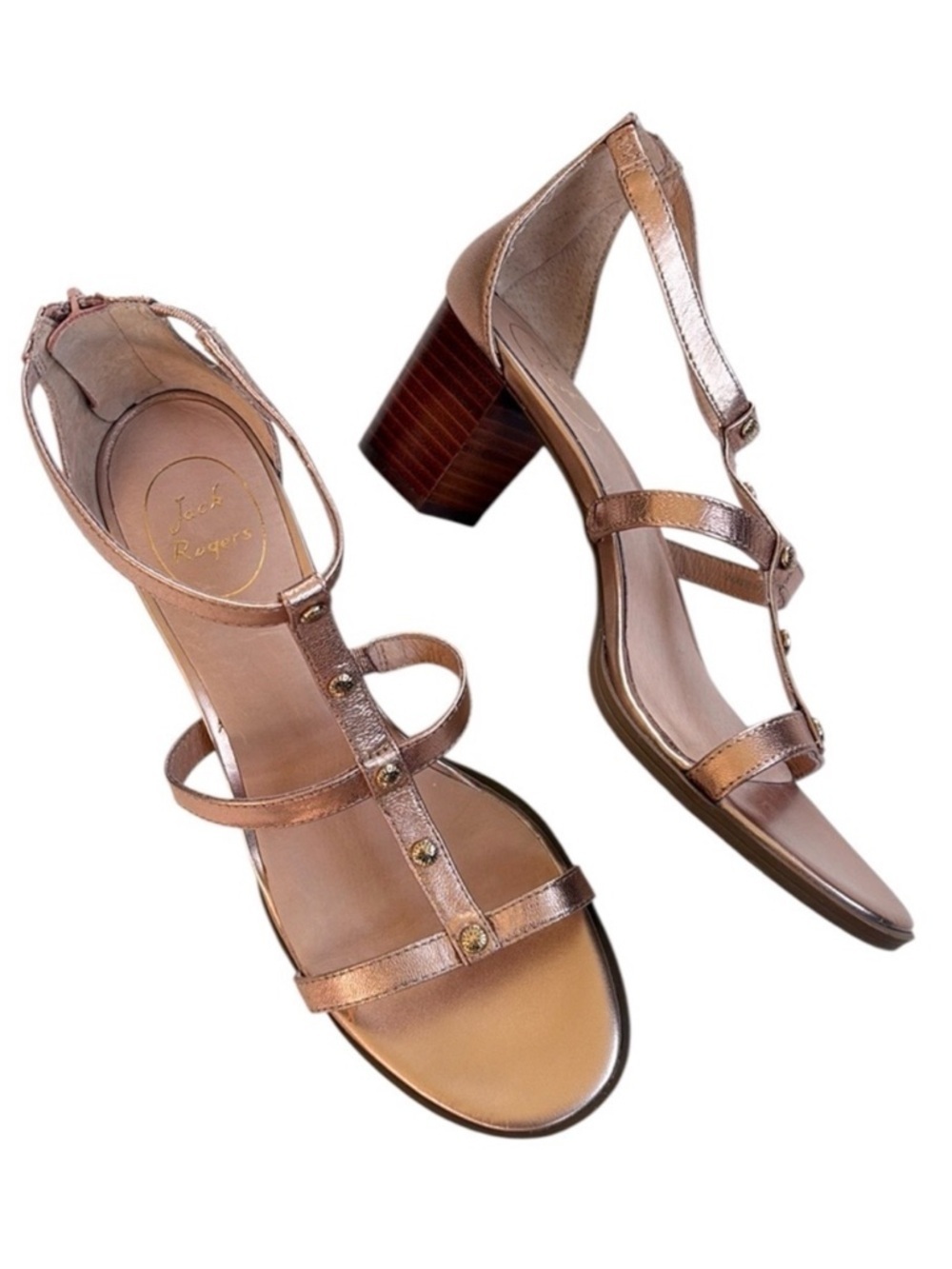 EUC Jack Rogers Leather Strappy Heeled Sandals Rose Gold Size 9